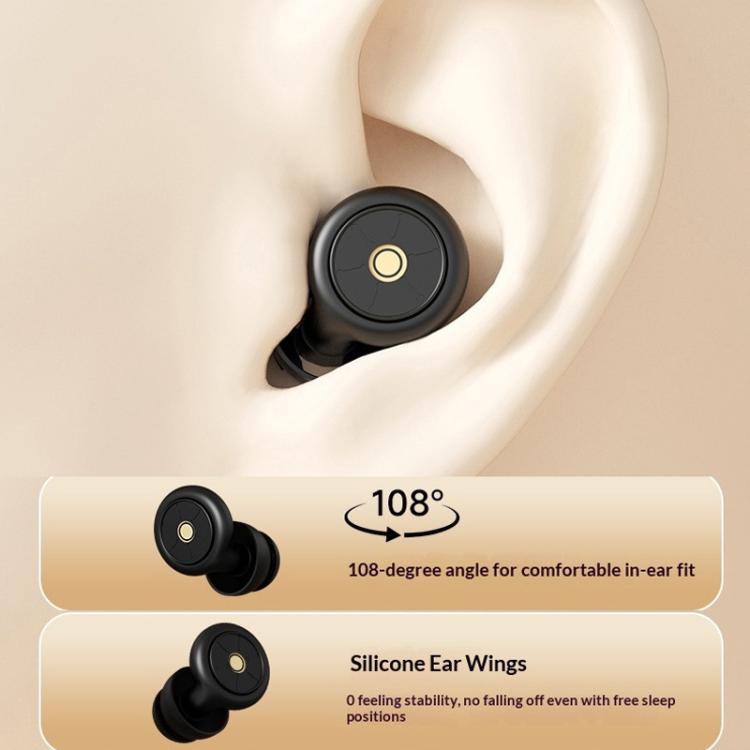 Black noise reduction sleep earplug fitting in ear canal with silicone ear wing