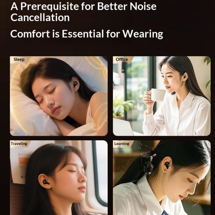 Black ring earplugs shown being worn in the ear for sleep and office