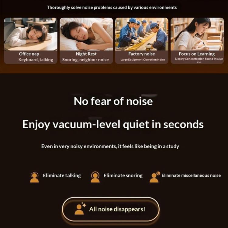 Noise reduction ring earplugs infographic with elimination icons