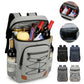 Light gray insulated cooler backpack shown open with front organizer and side mesh pocket
