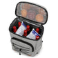 Light gray insulated cooler backpack open with mesh top and front zip storage