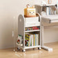 Rolling kids storage cart with multi-tier shelves, side pockets, and caster wheels