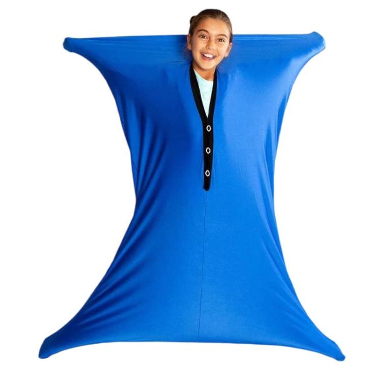 Blue sensory body sock with arm openings and snap-studded front