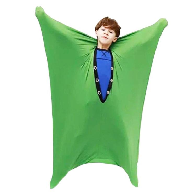 Green sensory body sock with arm openings and snap-studded front