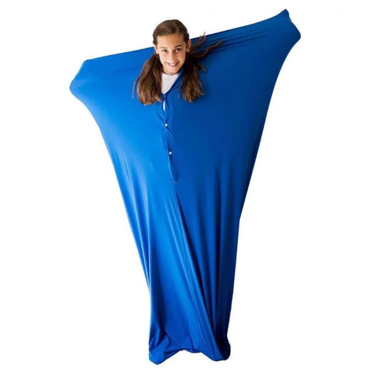 Blue children’s sensory body sock with long draped wing shape, child wearing