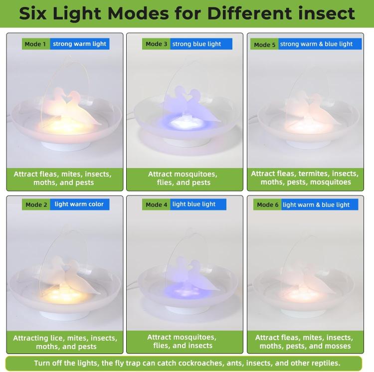 White insect trap showing multiple light modes: warm, blue, and dual colors