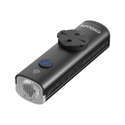 Black bicycle headlight with front lens and removable mounting base