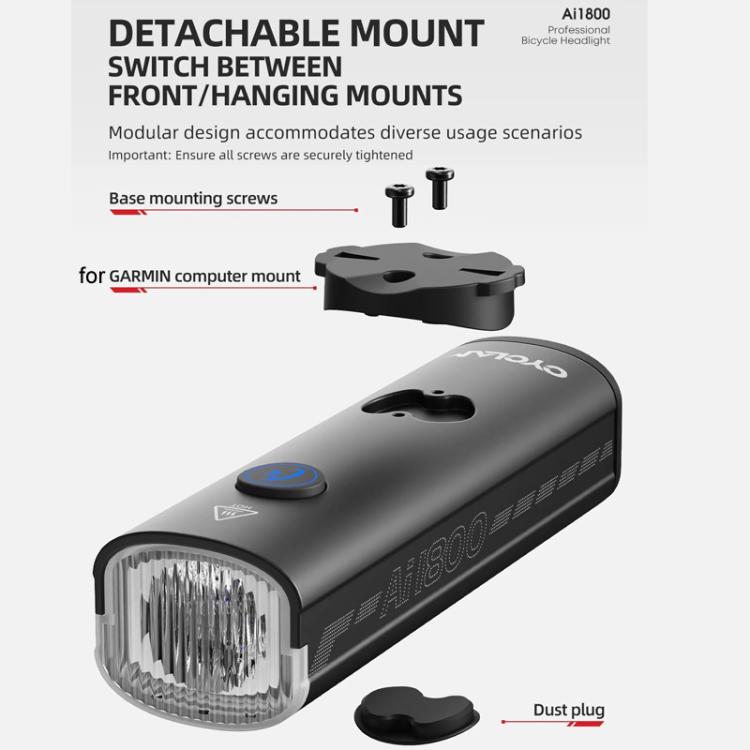 Black bicycle headlight with detachable mount plate and dust plug