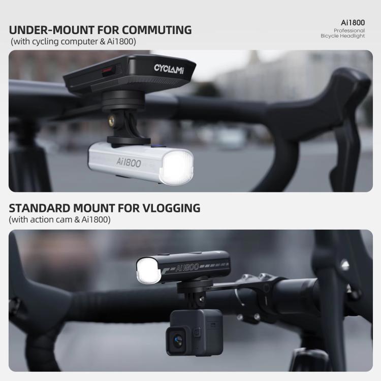 Bicycle headlight shown on bike with under-mount and standard mount setups