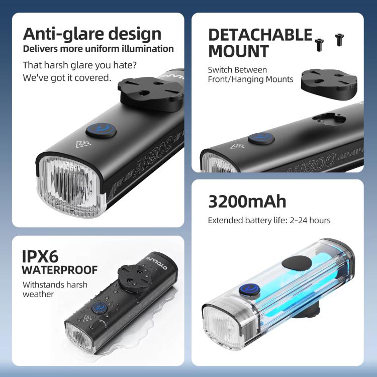 Black bicycle headlight with mount parts and waterproof housing details