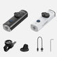 Black and white bicycle headlights with mounting hardware and charging cable
