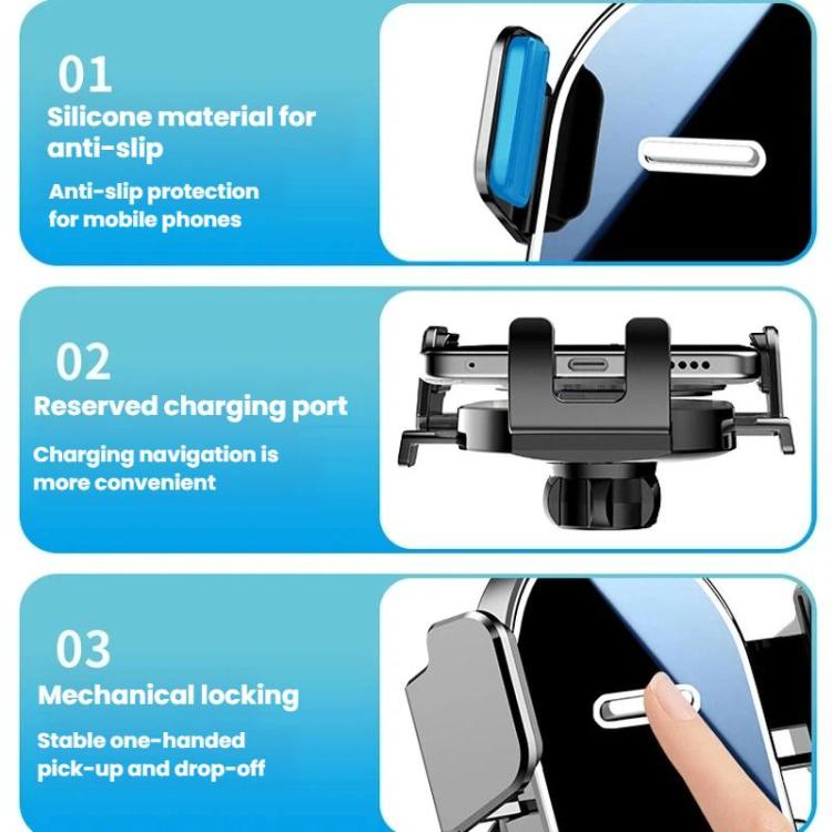 Car vent phone mount with anti-slip silicone pads, charging port, and locking