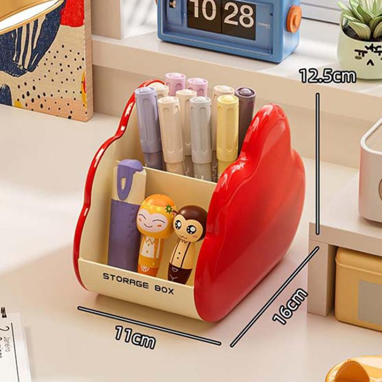 Red cosmetic storage rack with open front holds makeup tubes and two cartoon figurines