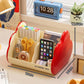 Red cosmetic storage rack with open front holds smartphone, scissors, and makeup tools