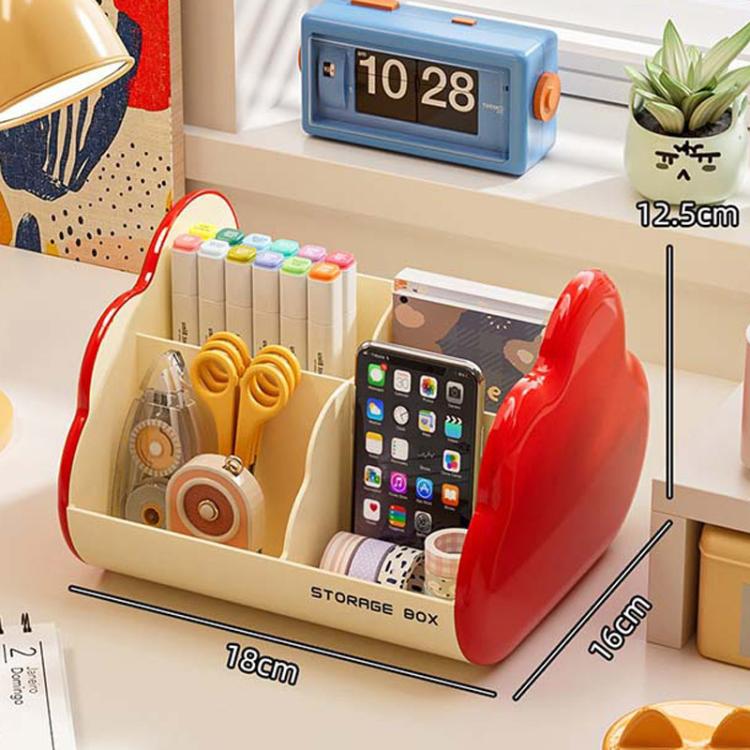 Red cosmetic storage rack with open front holds smartphone, scissors, and makeup tools