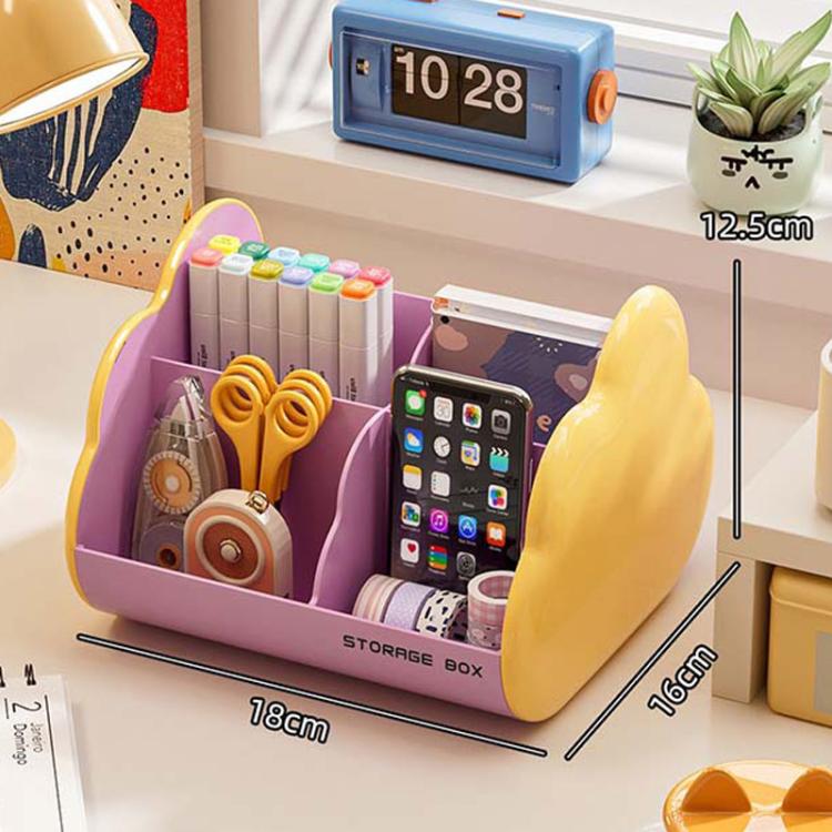Purple and yellow cosmetic storage rack with open front holds pens, scissors, and a smartphone