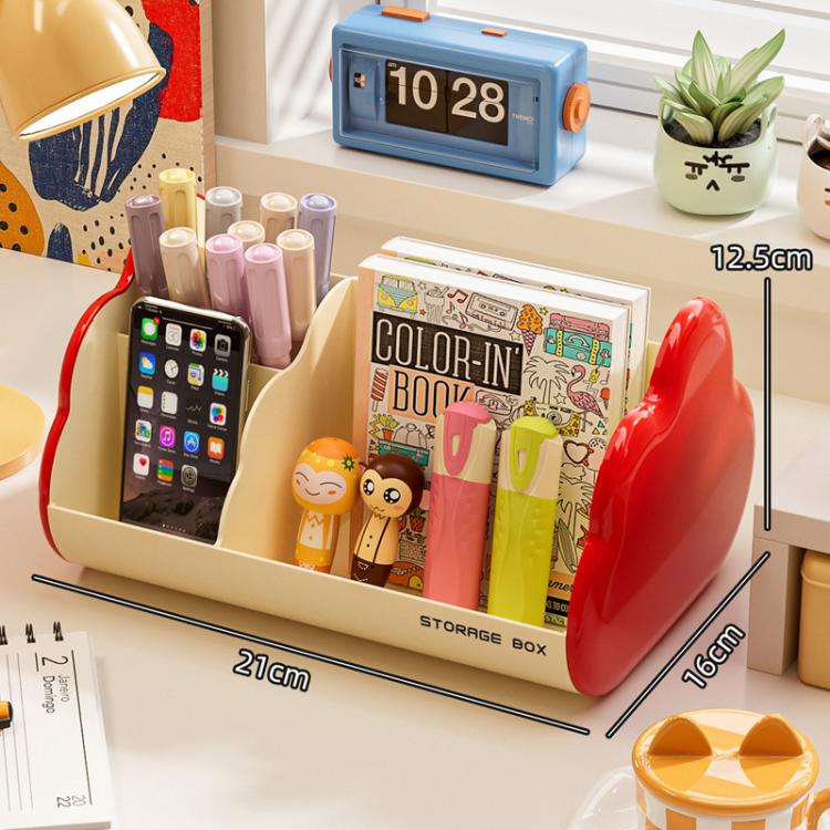 Cream cosmetic storage rack with red side panels holds markers, a color-in book, and a phone