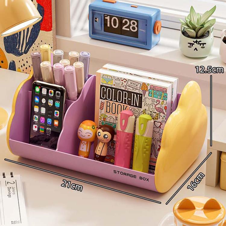 Purple and yellow cosmetic storage rack with open front holds markers, a color-in book, and a phone