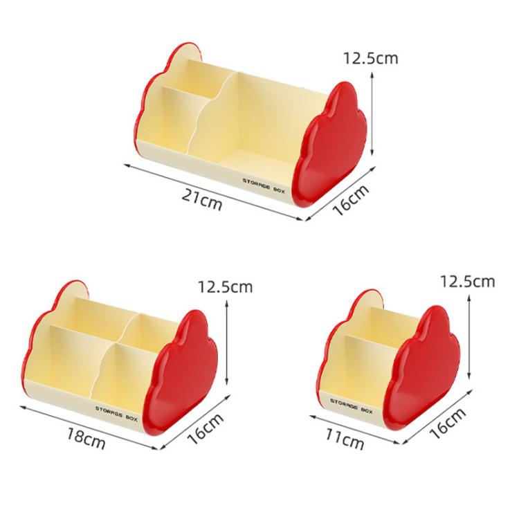 Desktop storage box size diagram showing red and yellow compartment organizer