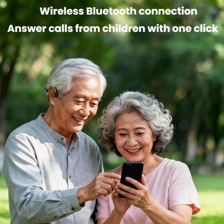 Dark gray bone conduction hearing aid on older adult with side mic module
