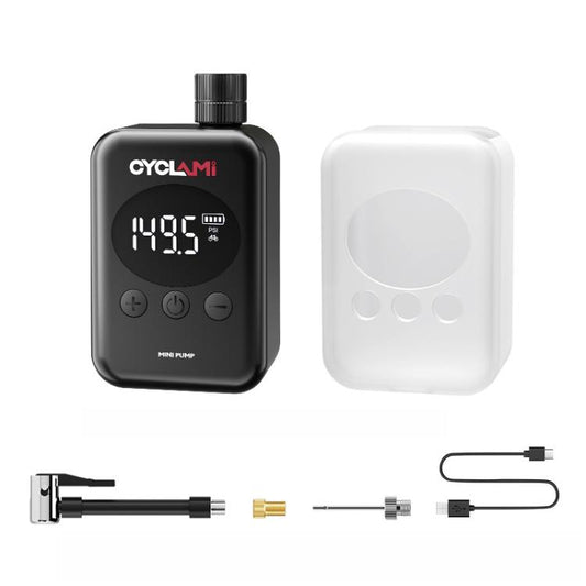 Portable electric air pump with digital pressure display and control buttons, black.