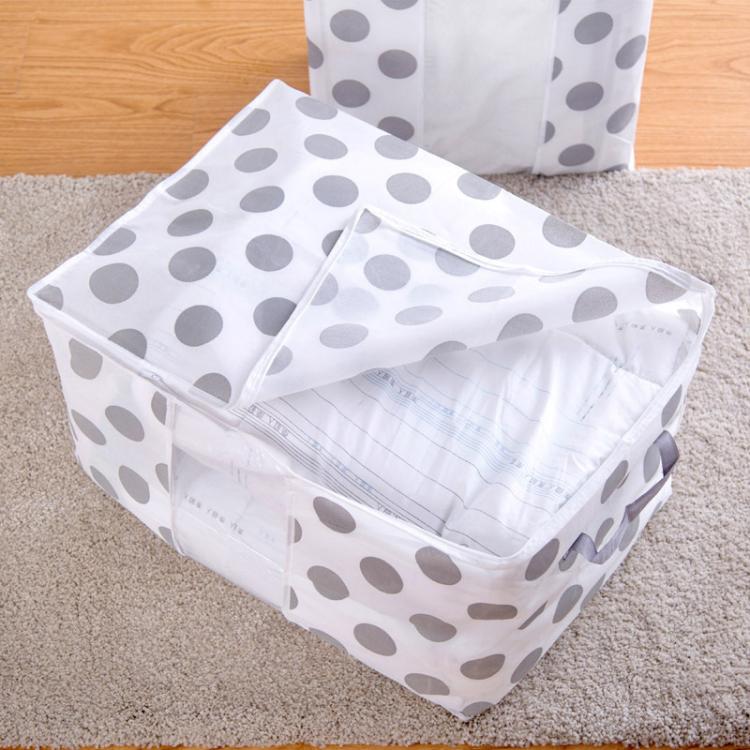 Gray dot non-woven storage bag open with zipper and quilt inside