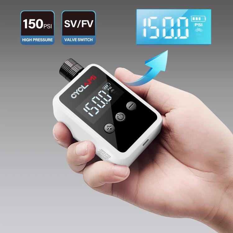 White handheld portable air pump with digital display and control buttons