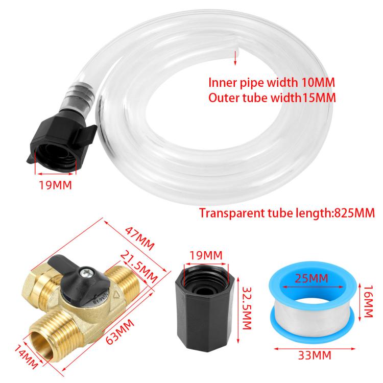 RV water heater conversion kit with clear tube and brass check valve, size measurements shown