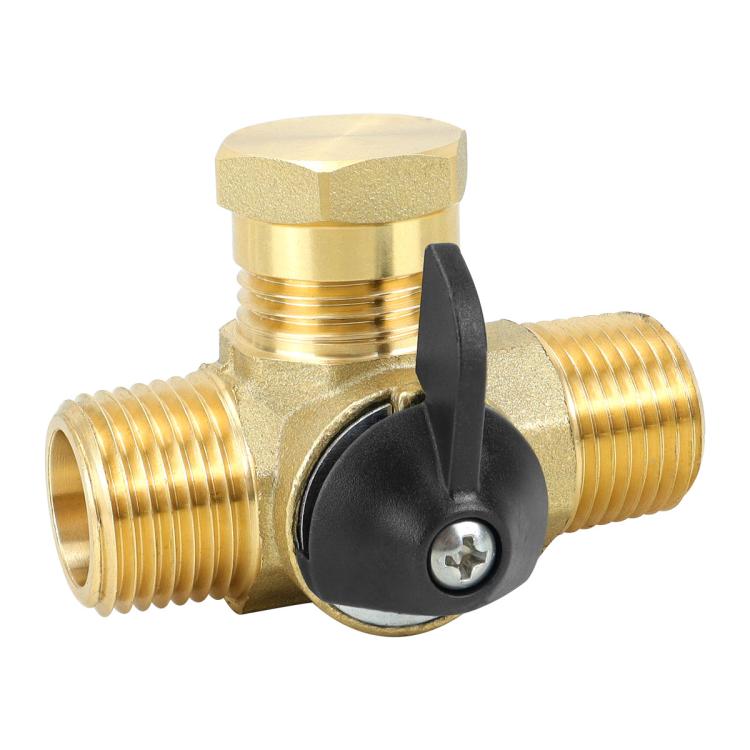 Brass three-way check valve with black lever and threaded ports for RV water heater kit