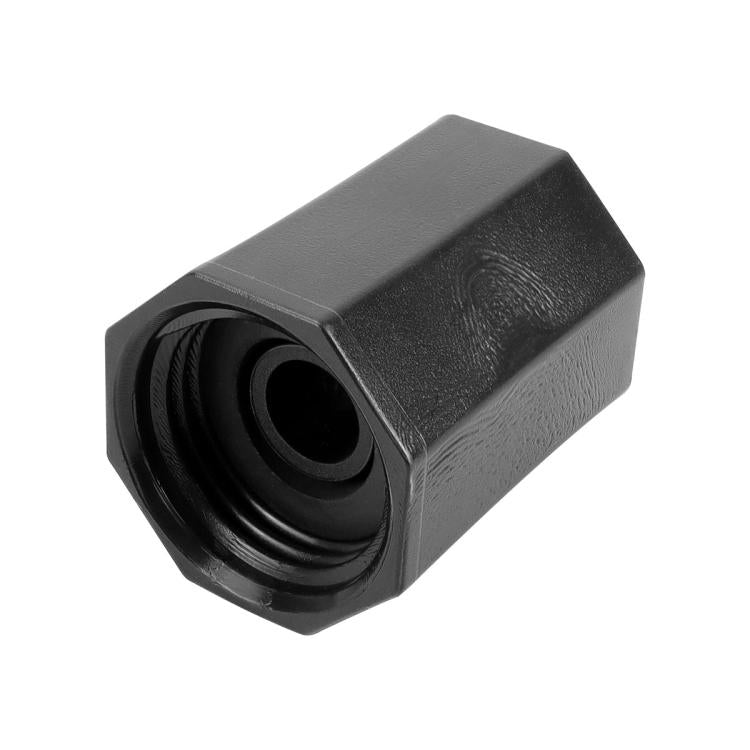 Black hex plastic adapter fitting with threaded inlet and outlet for RV water heater kit