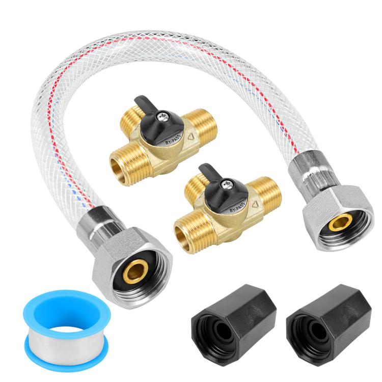 RV water heater conversion kit with two brass valves, clear braided hoses, and adapter fittings