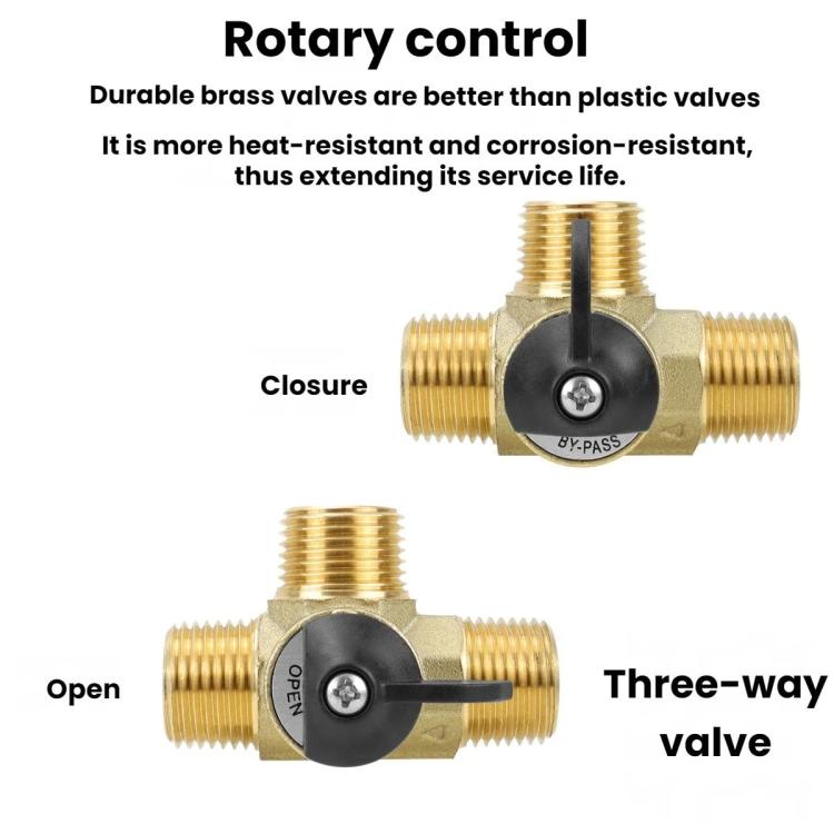 Brass three-way by-pass valve with rotary control for RV water heater antifreeze conversion