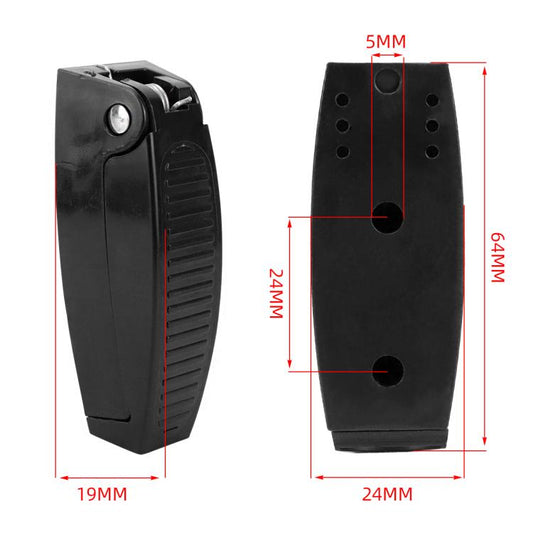 Black RV luggage door latch bracket clip with two mounting holes and dimensions