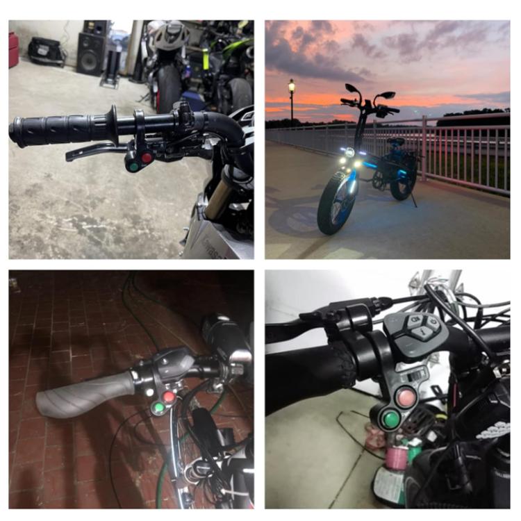ATV handlebar thumb switch with green and red LED buttons and connected wiring harness