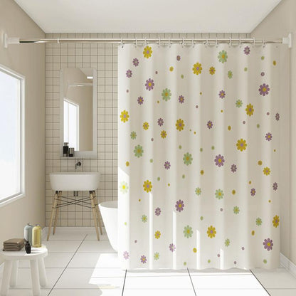 Floral shower curtain with small multicolor flowers on white, ring-top hanging