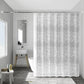 White shower curtain with light-gray floral damask pattern, ring-top hanging