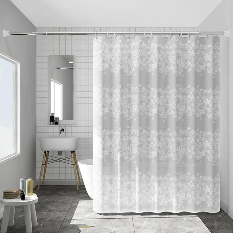 White shower curtain with light-gray floral damask pattern, ring-top hanging
