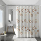Shower curtain with beige and rust circle-dot pattern on white, ring-top hanging
