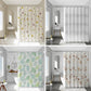 Shower curtain pattern collage: flowers, leaves, gray damask, and rust ring dots