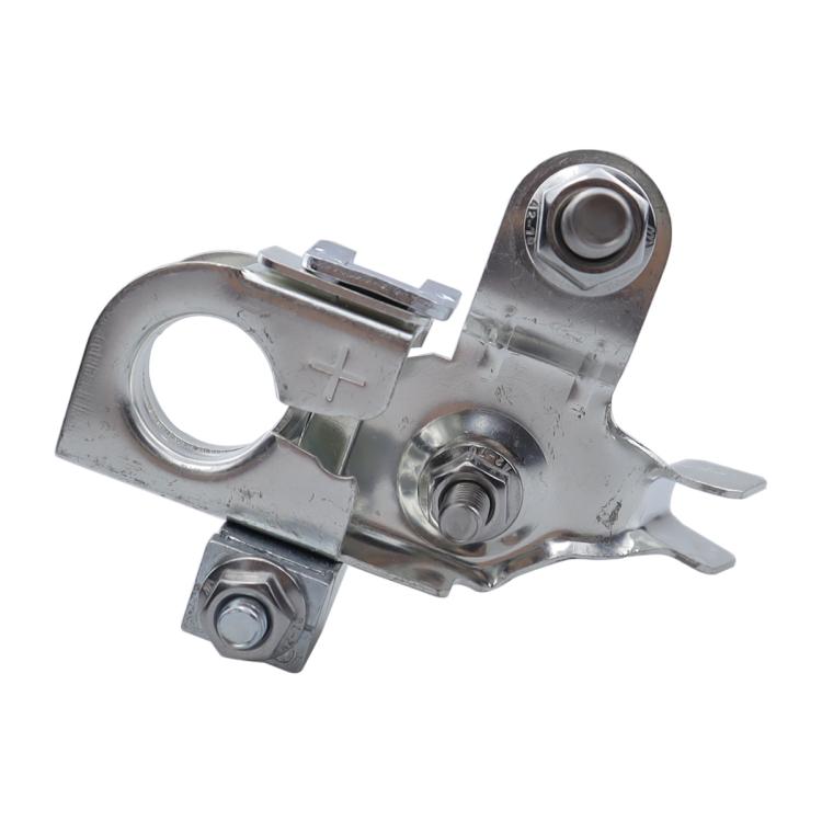 Automotive battery positive terminal clamp with two threaded bolts, silver metal body