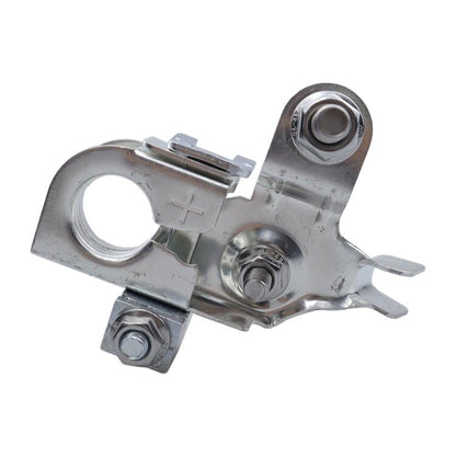 Automotive battery positive terminal clamp with two threaded bolts, silver metal body