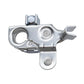 Automotive battery positive terminal clamp, silver metal with central contact and mounting tabs