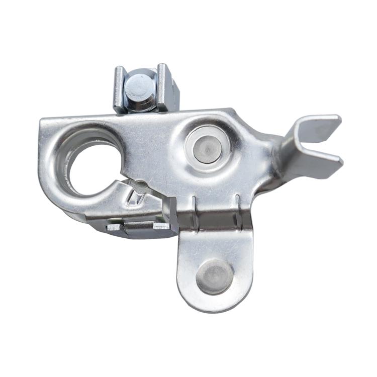 Automotive battery positive terminal clamp, silver metal with central contact and mounting tabs