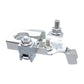Automotive battery positive terminal with two mounting posts and central battery stud, silver metal