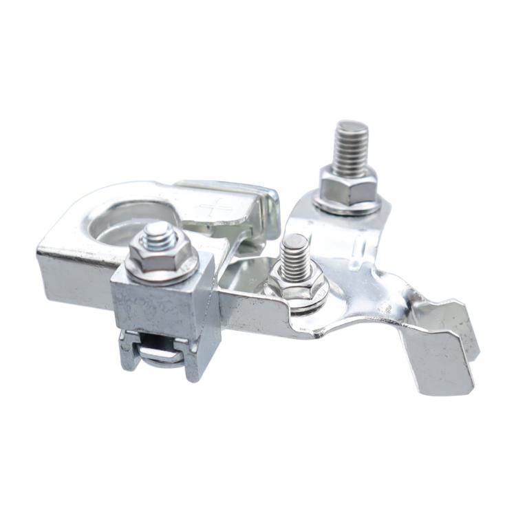 Automotive battery positive terminal with two mounting posts and central battery stud, silver metal