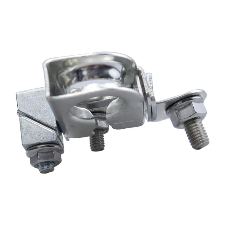 Automotive battery positive terminal clamp, chrome-like metal with arched cable connection