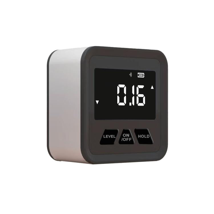 Magnetic digital inclinometer angled view, LCD reading 0.16, black body, DM318