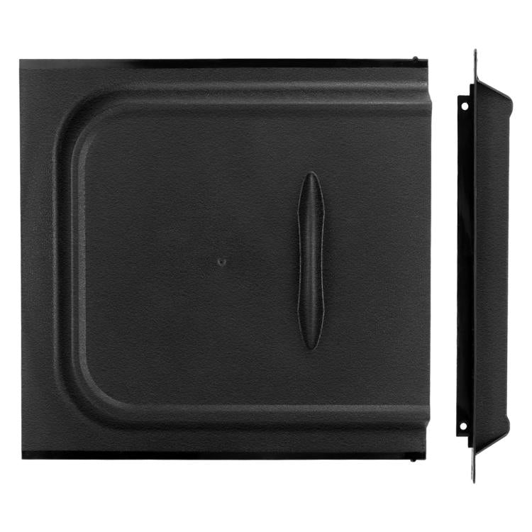Black RV door lock UV cover panel with side mounting bracket and oval latch slot