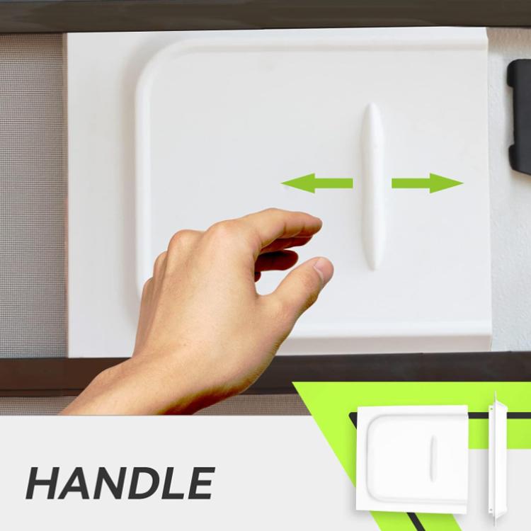 Hand pressing the handle on a white RV door lock UV cover panel