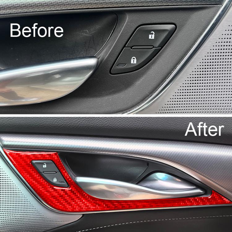 Red carbon-look interior door handle stickers on door panel, 4-piece set
